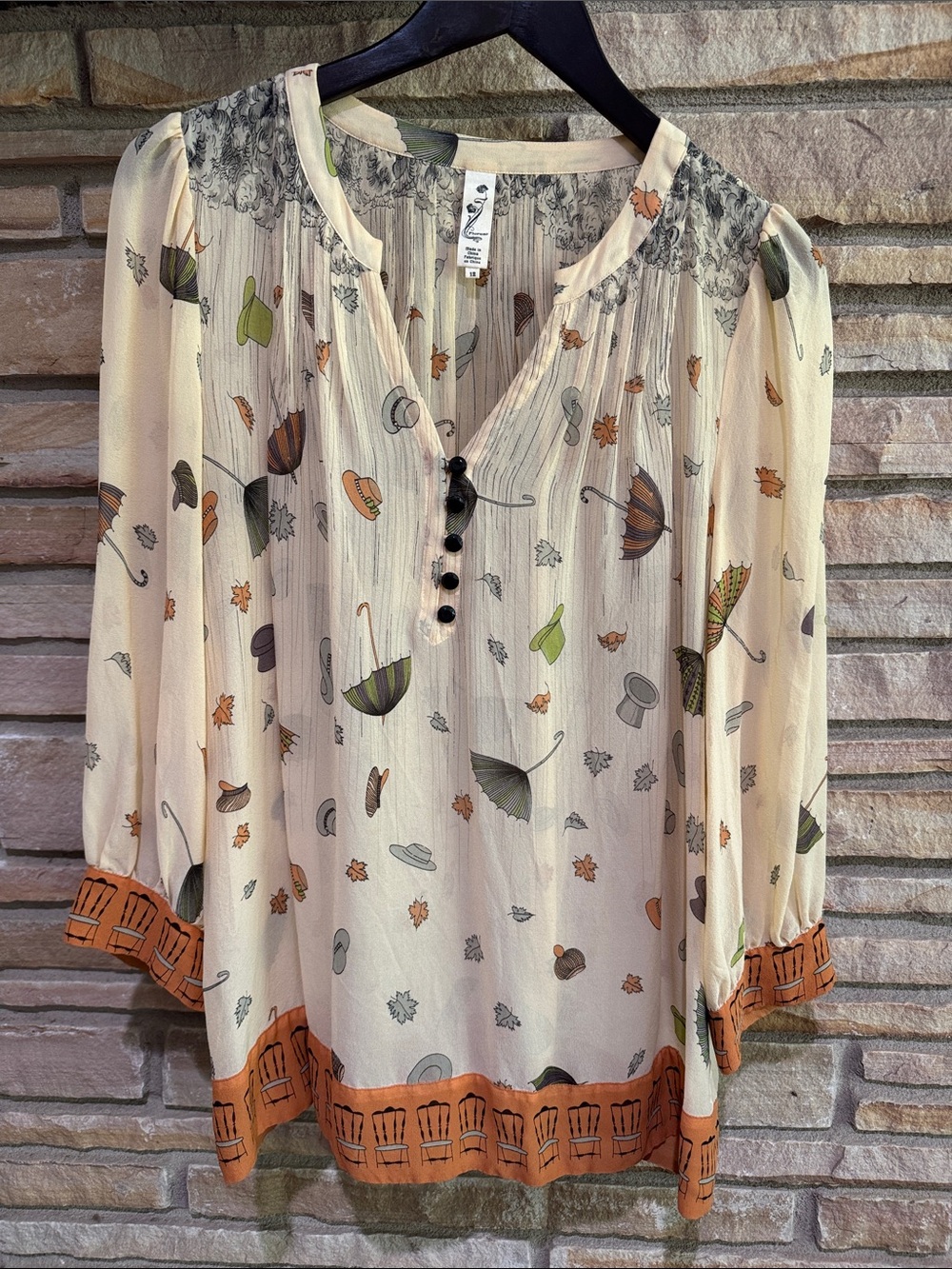 Anthropologie Cream Umbrella & Hat Print Peasant Blouse with Rust Trim